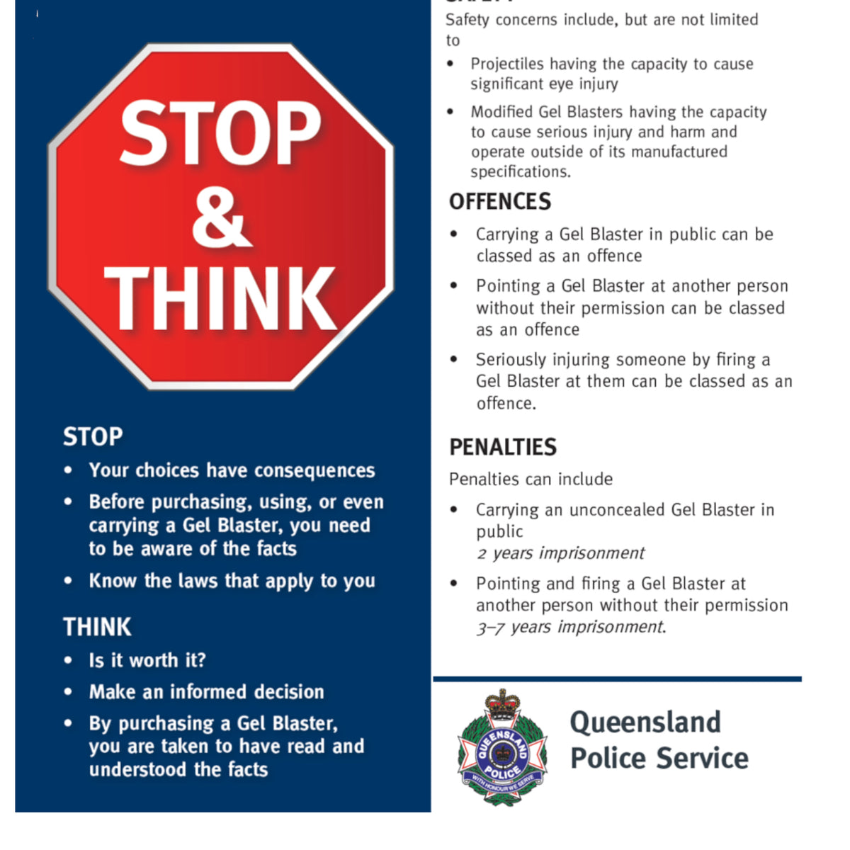 STOP & Think Legal Framework Gel Blaster Safety Awareness Campaign Leaflet - Queensland