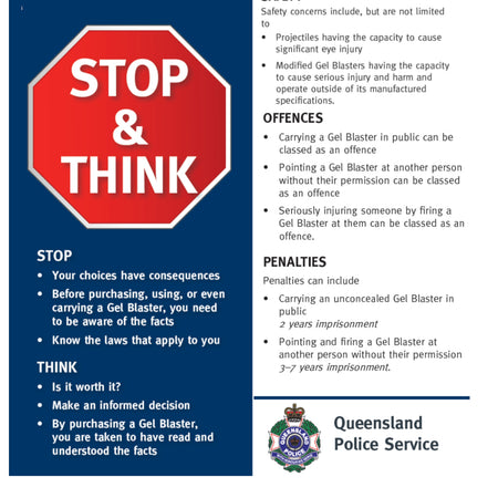 STOP & Think Legal Framework Gel Blaster Safety Awareness Campaign Leaflet - Queensland