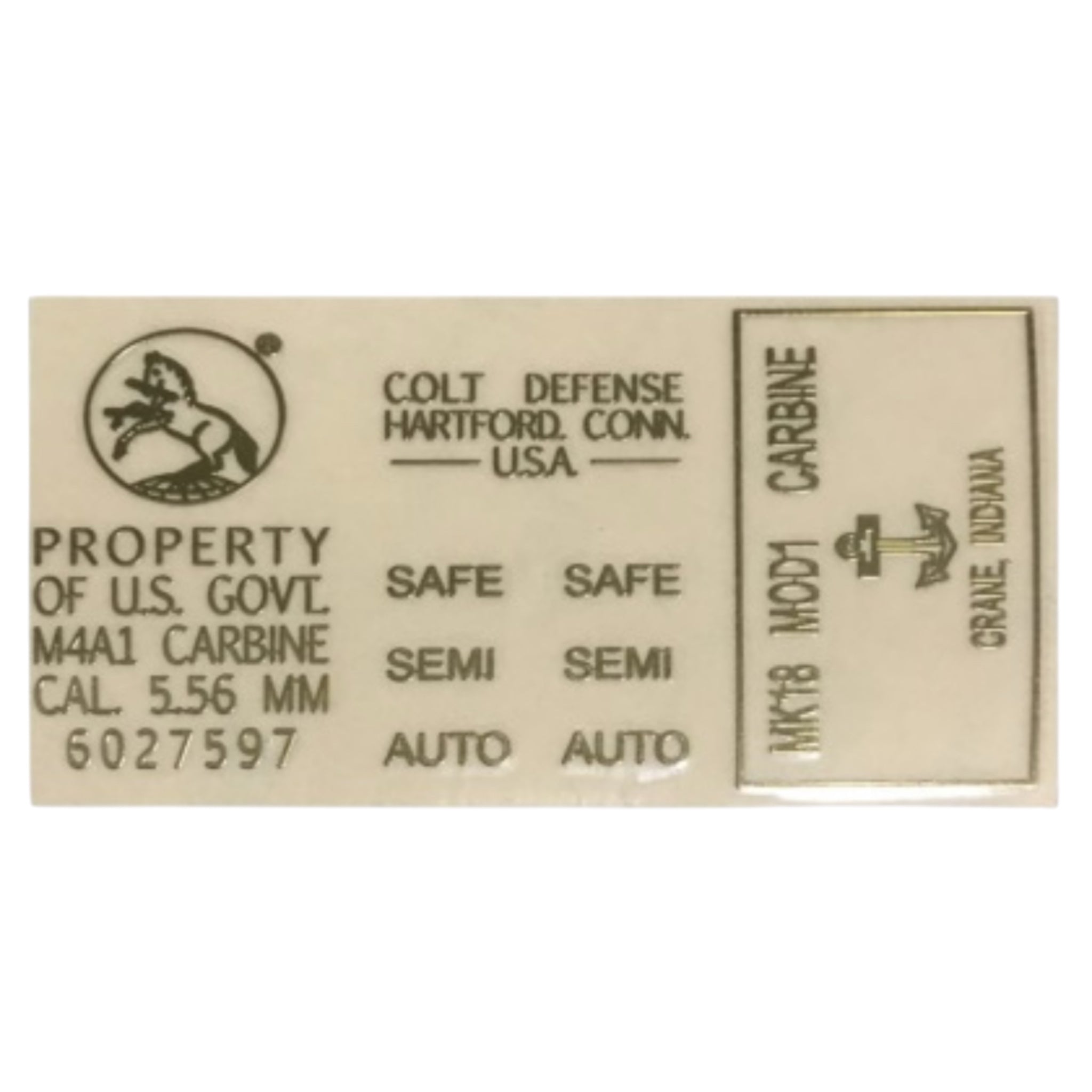 Colt MK18 MOD1 M4 Metal Decal Stickers - Gold