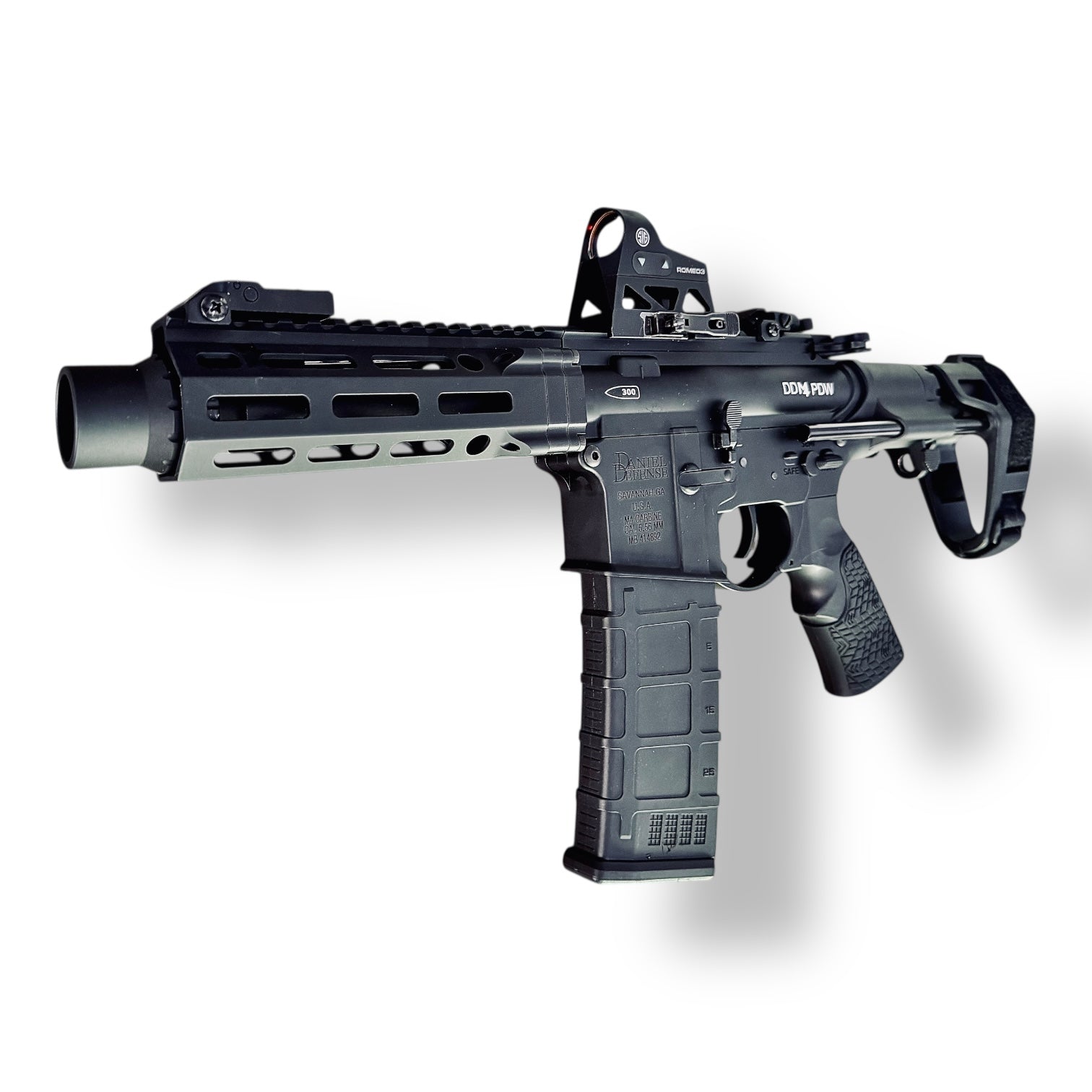 E&C Daniel Defense DDM4 MFR XS 6.1” MLOK Handguard .300 Blackout CQB PDW - AEG Gel Blaster Rifle Replica - pictured with a SIG Romeo3 Holosight on Quick Release height riser
