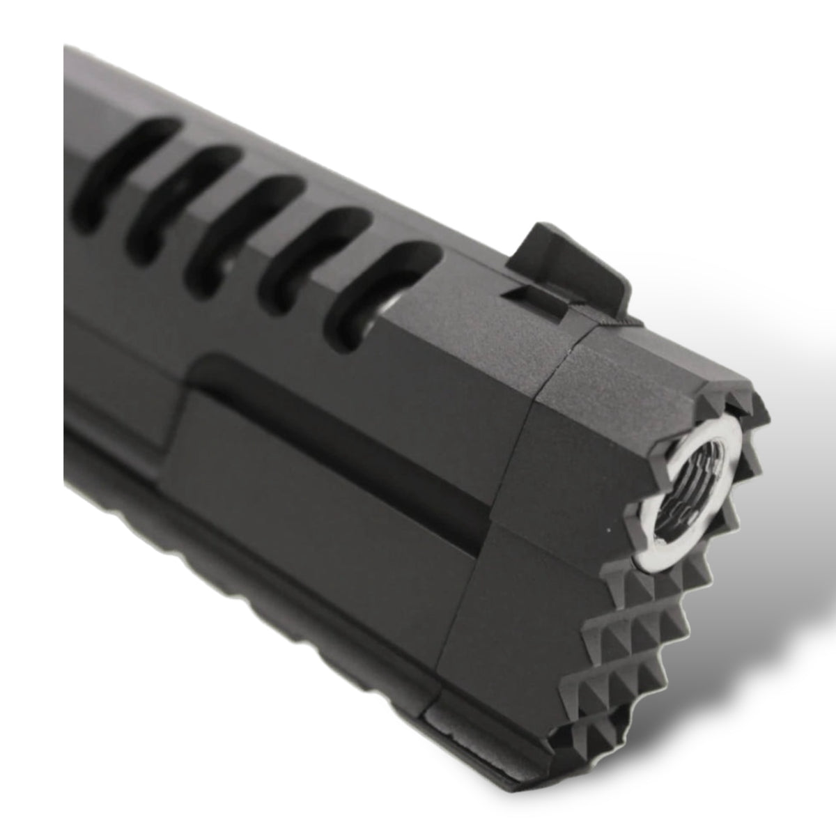 WE Tech 'Hyper Strike' 5.2" Hi-Capa GBB Gel Blaster Pistol - K Frame with Swordfish Compensator - WE-H012 - Black & Silver - Extended 'Swordfish' Strike Head/Compensator - Extra long with Full Length Under Barrel Universal 22mm Picatinny Tactical Rail