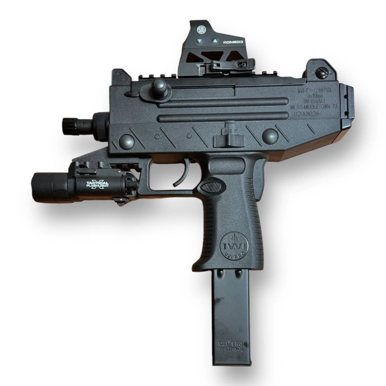IWI UZI PRO Pistol AEG Gel Blaster SMG Replica – ZY666 accessory examples X300-U Flashlight & Romeo3 Red Dot Reflex Sight (sold separately)