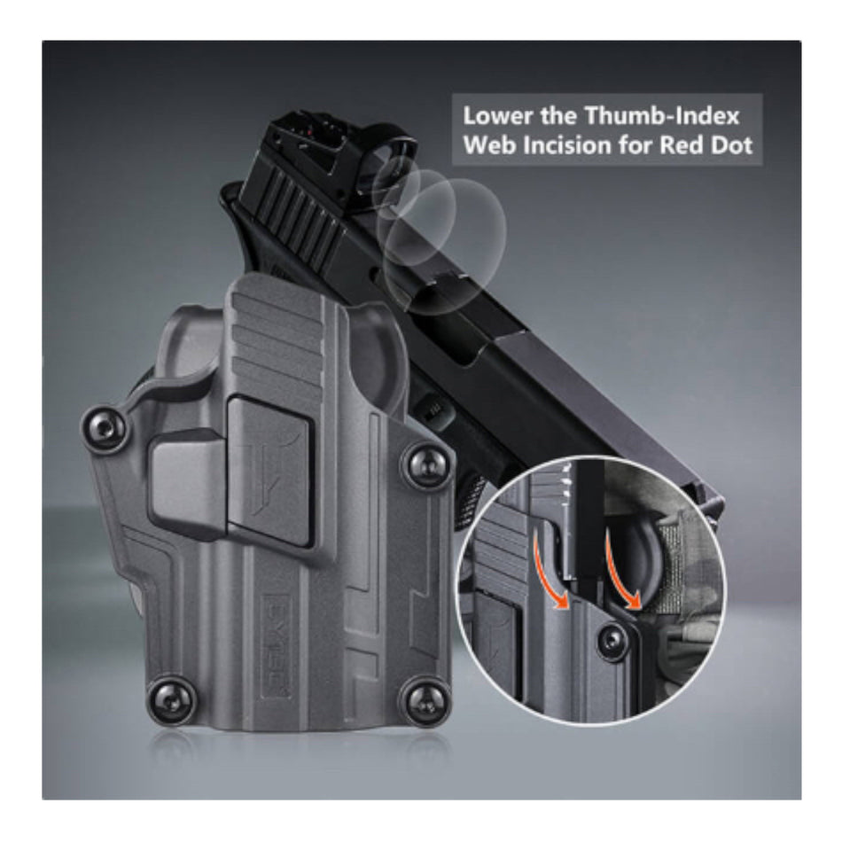 Cytac MegaFit Gen 2 Universal Holster with Belt Paddle Attachment - perfect design for holstering pistols fitted with a Red Dot holographic Reticle sight