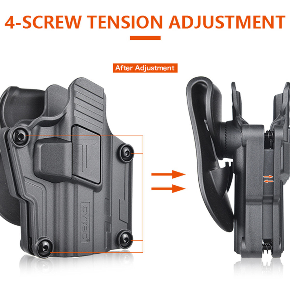 Cytac MegaFit Gen 2 Universal Holster with Belt Paddle Attachment - Adjustment points for ensuring a positive & snug fit with no movement every time