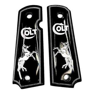 1911 Custom Pistol Grips - Black with white prancing pony and Colt logo