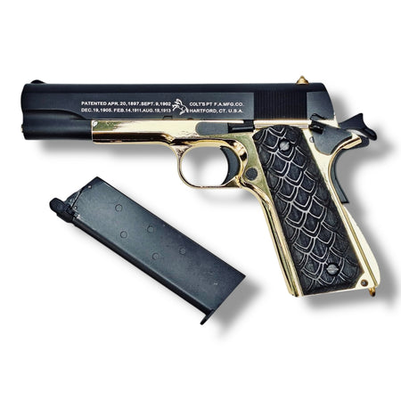 Limited Edition 'Face Off' movie inspired Colt Government 1911 .45 GBB Gel Blaster Pistol Replica Series - GE3305-FO-4 with Genuine Colt 1911 Real Wood Grips 
- Black w/Gold Accents & Golden Eagle single stack green gas magazine