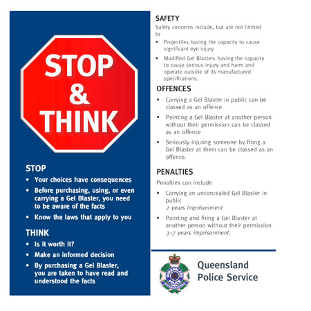 Stop & Think Gel Blaster Safety Awareness Campaign Leaflet - Queensland 