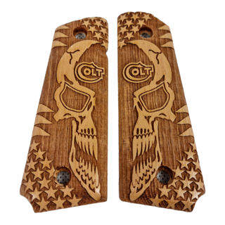 1911 Custom Pistol Grips - Light brown wood with half skull /stars and Colt logo - D