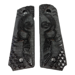 1911 Custom Pistol Grips - Black wood with half skull /stars and Colt logo - F