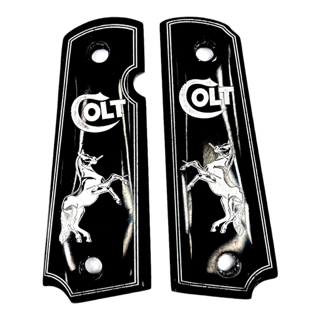 1911 Custom Pistol Grips - Black with white prancing pony and Colt logo - O