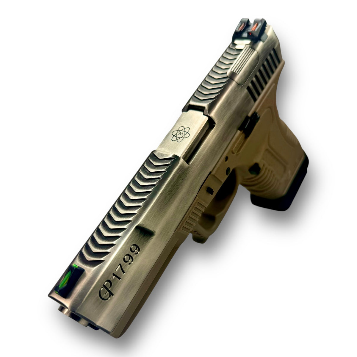 WE Tech GP1799 T1 GBB Gel Blaster Pistol - Brushed Aluminium Slide & Tan with Optic-Fibre Sights & mock de-cocking Button