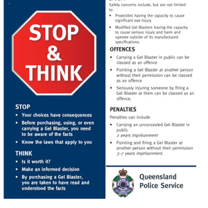 Stop & Think Gel Blaster Safety Campaign Leaflet - Queensland