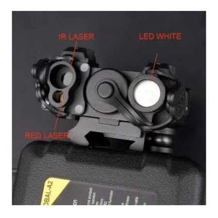 DBAL-A2 PEQ - Flashlight, Infrared & Red Laser Aiming Device & Pressure Pad Fully Functional Replica Unit - Black & Desert Earth - Front View