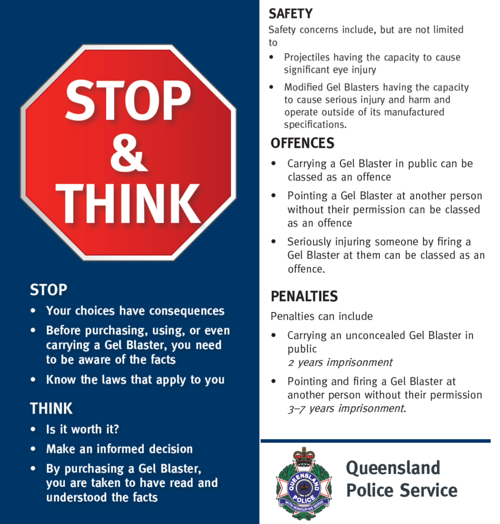 Stop & Think Gel Blaster Safety Awareness Campaign Leaflet- Queensland 