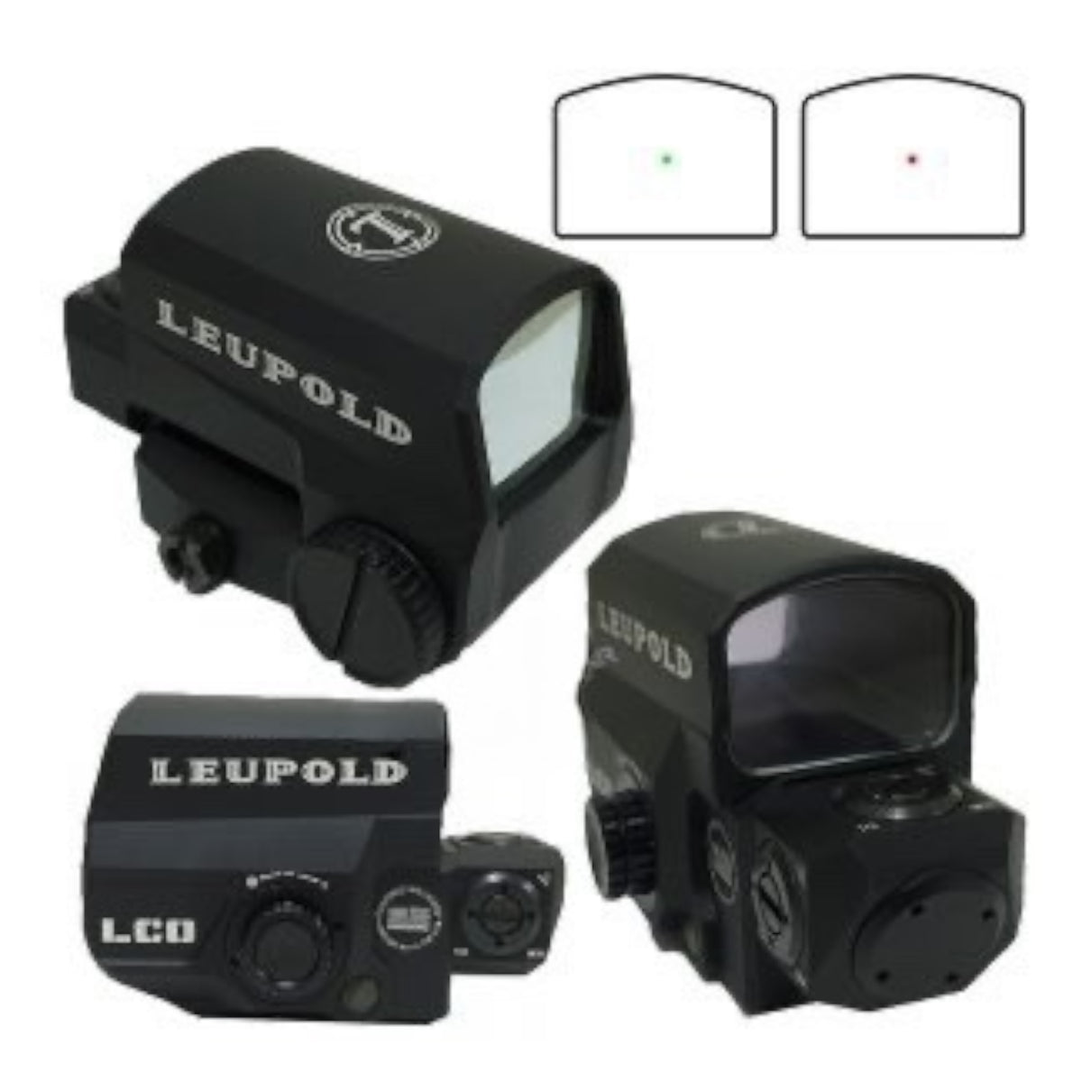 Leupold LCO Holographic Red & Green Dot Sight Replica - Black multi-angle view & actual Red/Green Reticle Sight picture