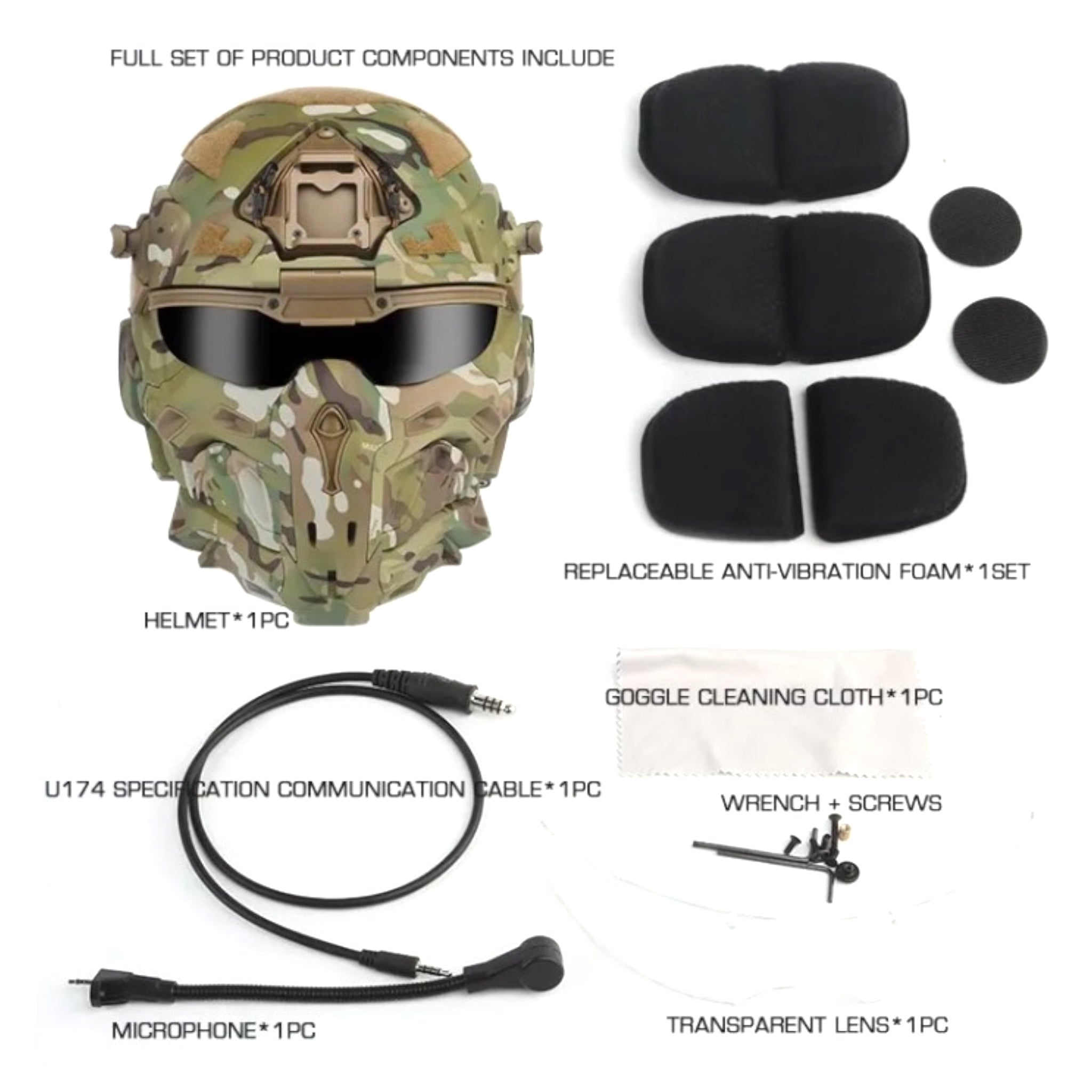 Tactico FAST Full Face Protective Combat Helmet with integrated Fan and HD Headphones - included parts & accessories 