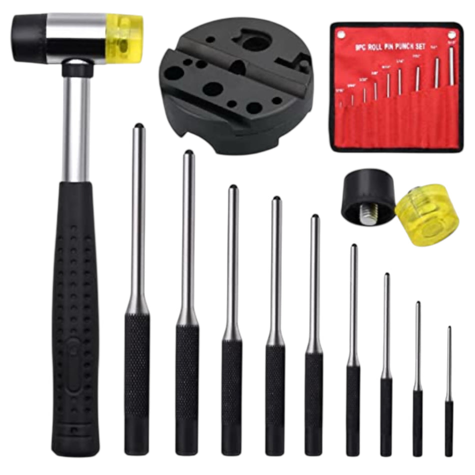Pin Punch Set with Bench Block & Double-Sided Hammer – 9 Piece Precision Kit
