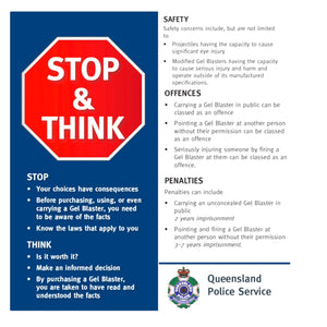 Stop & Think Gel Blaster Safety Campaign Leaflet – QLD