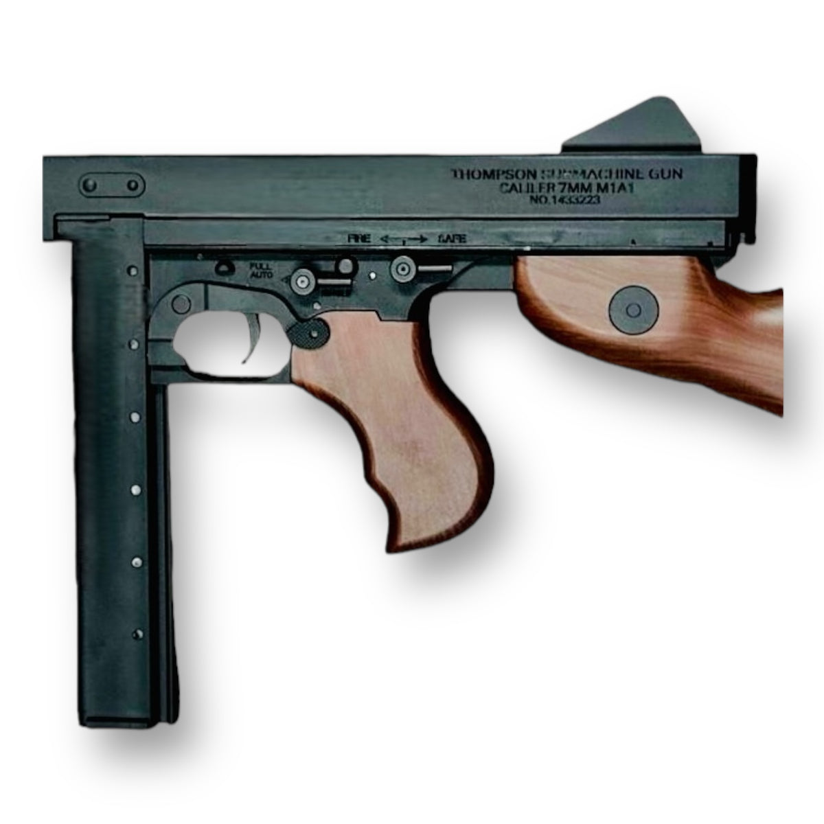 JinMing Thompson M1A1 AEG Gel Blaster SMG - The Typewriter - makers markings & authentic metal fire control dials & mag release 