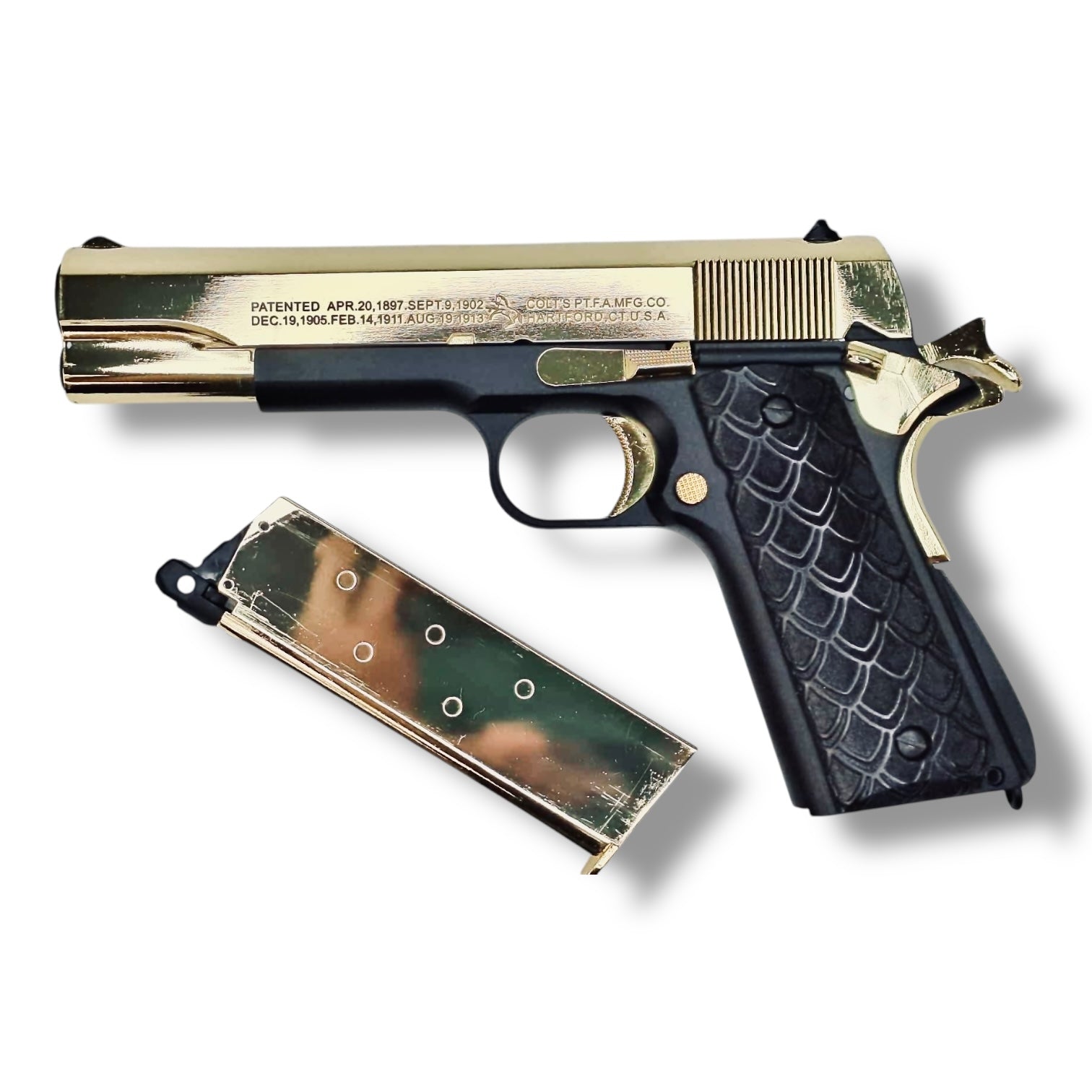 Limited Edition Golden Eagle ‘Face Off’ Movie Inspired Colt Government 1911 .45 GBB Gel Blaster Pistol Replica GE3305-FO-1 with Gold single stack 1911 magazine 