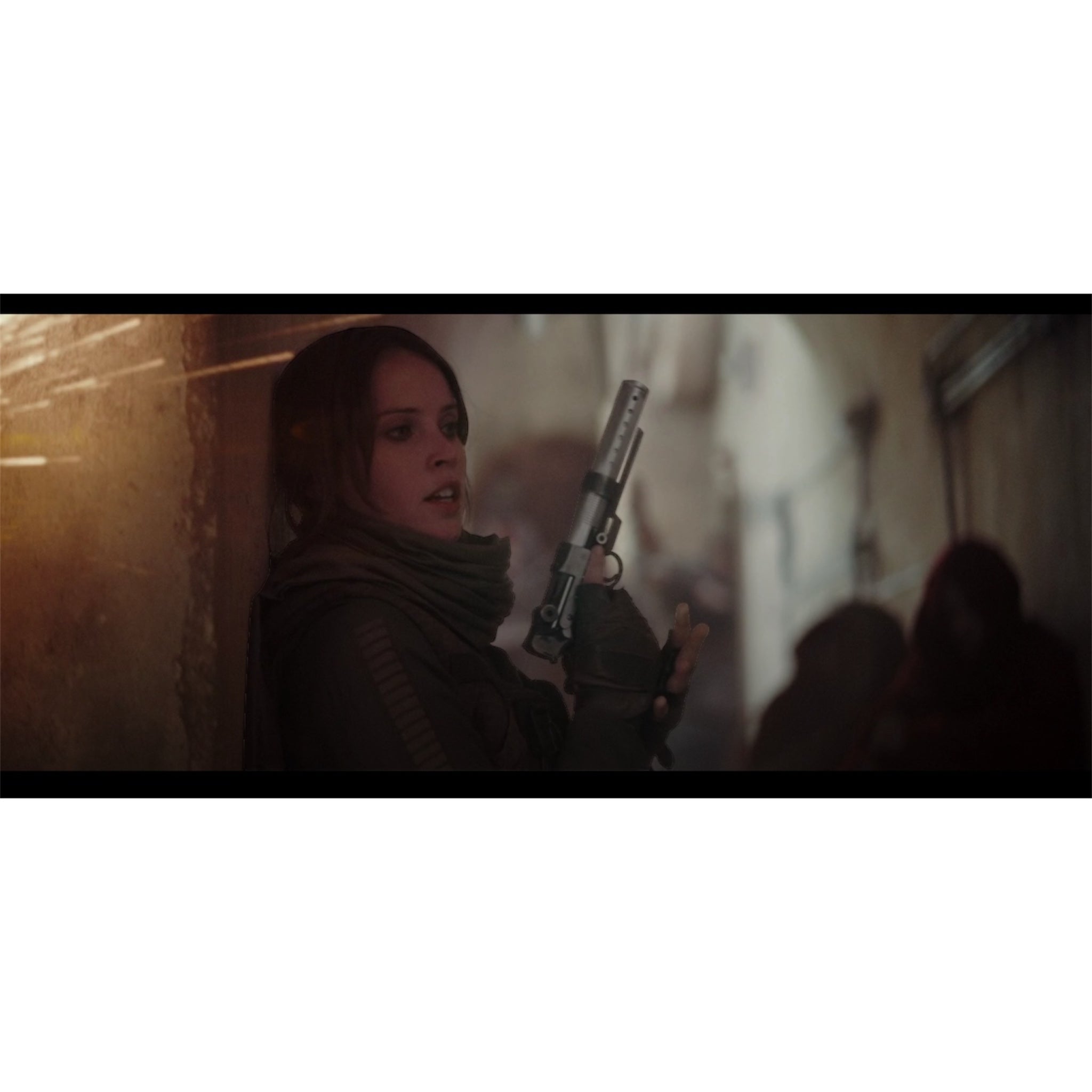 Jyn Erso with her A-180 during the firefight in the Holy City