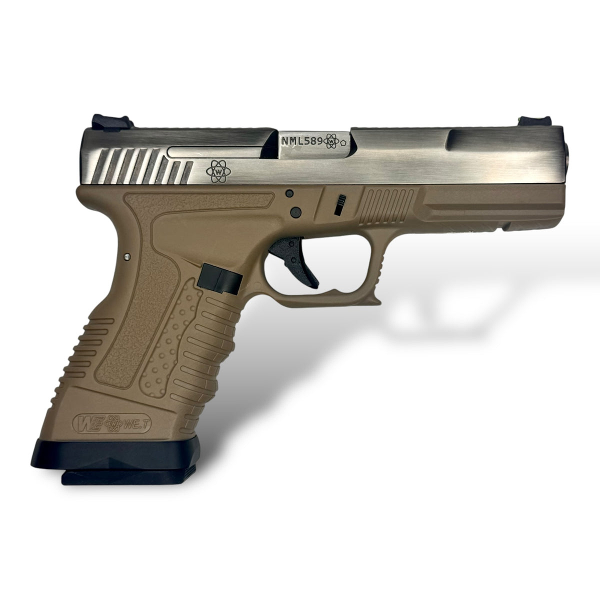 WE Tech GP1799 T1 GBB Gel Blaster Pistol - Brushed Aluminium & Tan with Optic-Fibre Sights