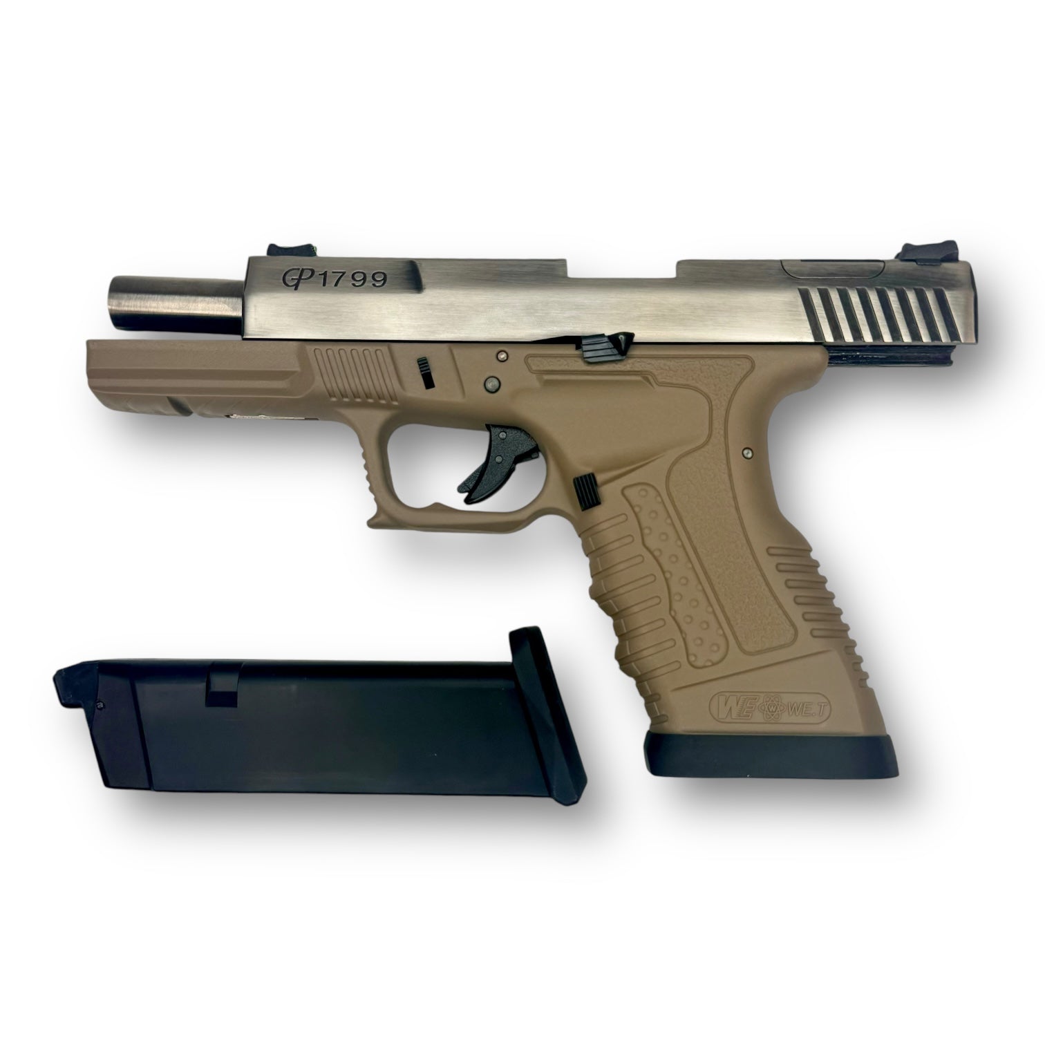 WE Tech GP1799 T1 GBB Gel Blaster Pistol - Brushed Aluminium & Tan with Optic-Fibre Sights & Green Gas WETech G17 Black Magazine 