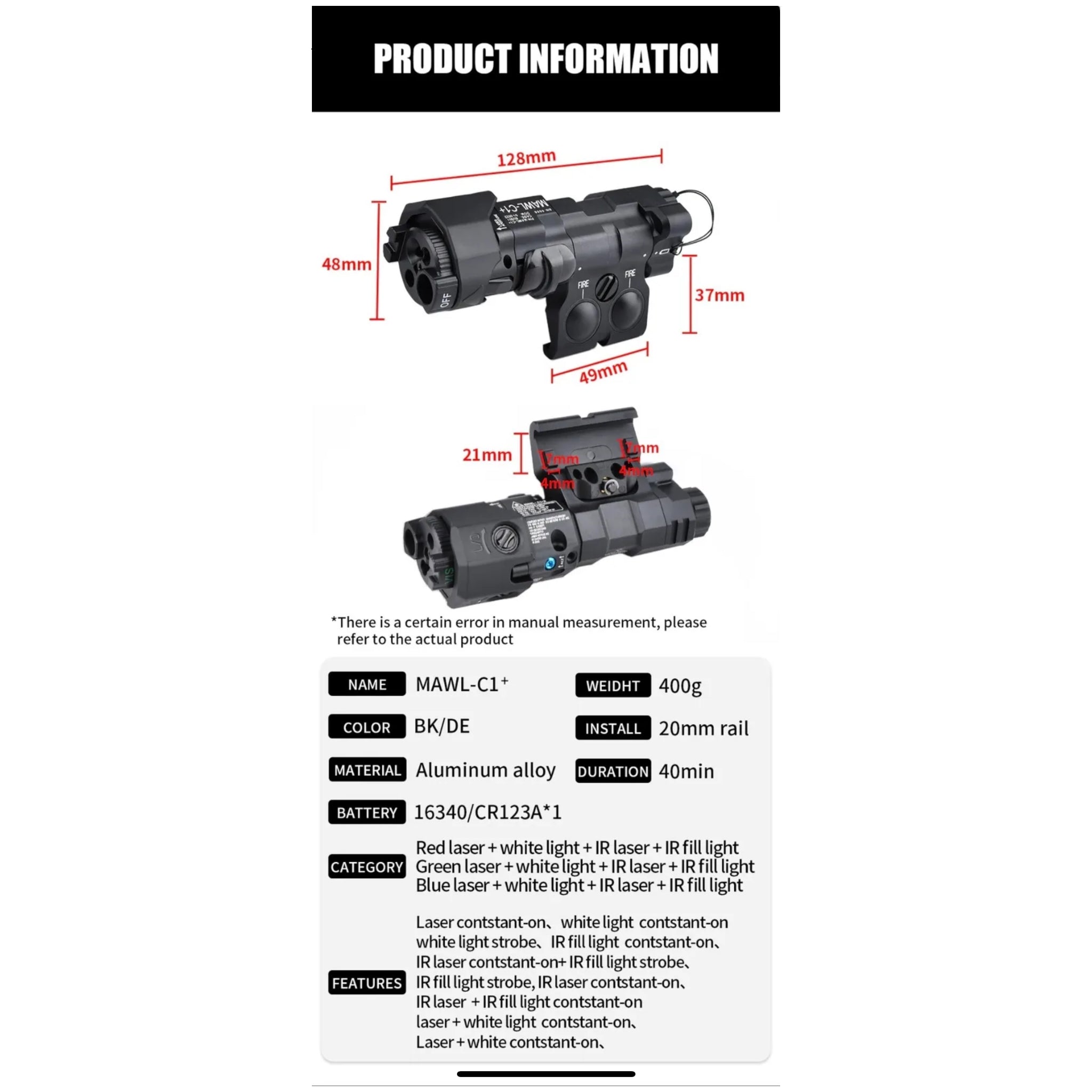 WADSN Modular Advanced Weapon Laser Class 1 (MAWL C1) + IR & Green Laser/Flashlight Unit - Full CNC 6061 Aircraft Grade Alloy Construction - Black - configurable design for ambidextrous use - Product Information & Specifications 