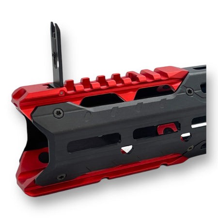 11" Strike Industries SI GridLOK MLOK QD Handguard - Black & Red Accents - with integrated front iron sight blade 