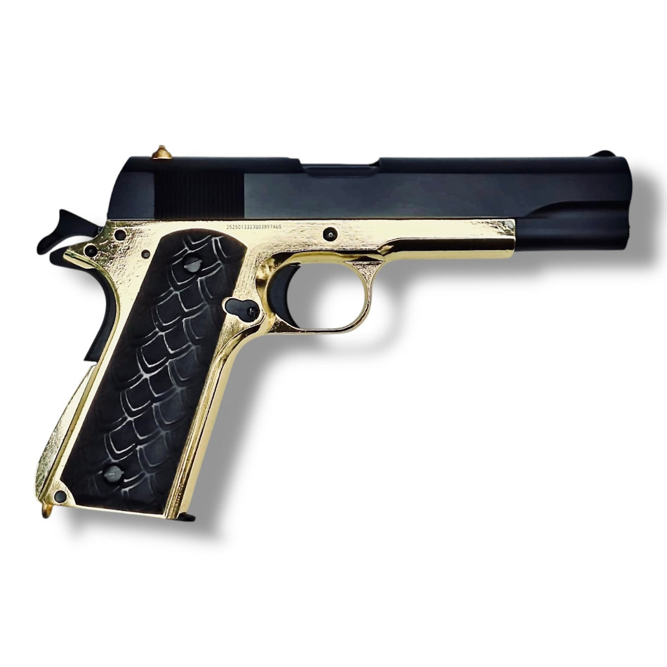 Limited Edition 'Face Off' movie inspired Colt Government 1911 .45 GBB Gel Blaster Pistol Replica Series - GE3305-FO-4 with Genuine Colt 1911 Real Wood Grips 
- Black w/Gold Accents 