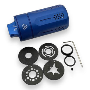 Strike Industries - SI Blast Shield Compensator with Tracer & multi-colour flame effect unit 14mm CCW Thread & Bonus Flame pattern effect discs - Blue