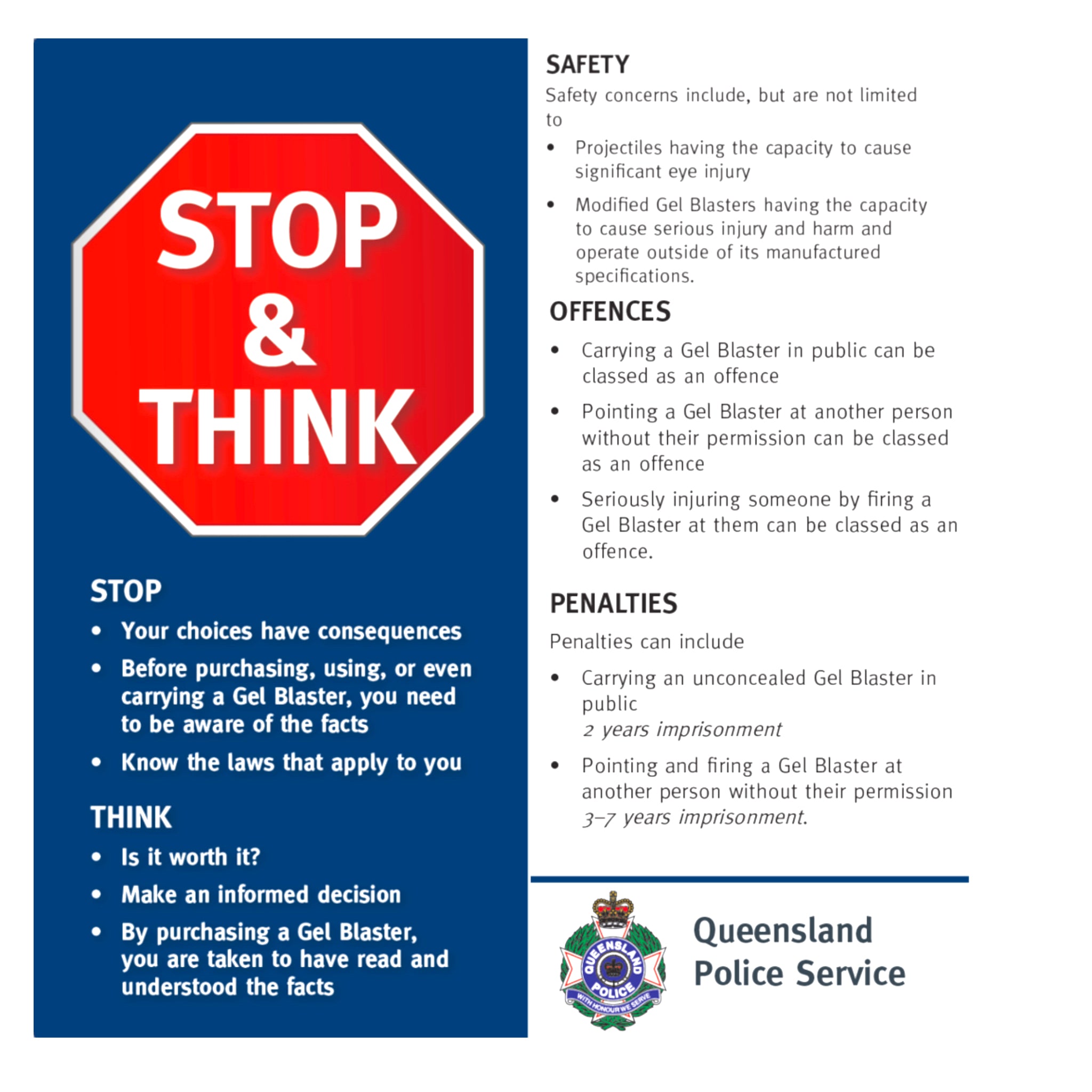 Stop & Think Gel Blaster Safety Awareness Campaign Leaflet – QLD