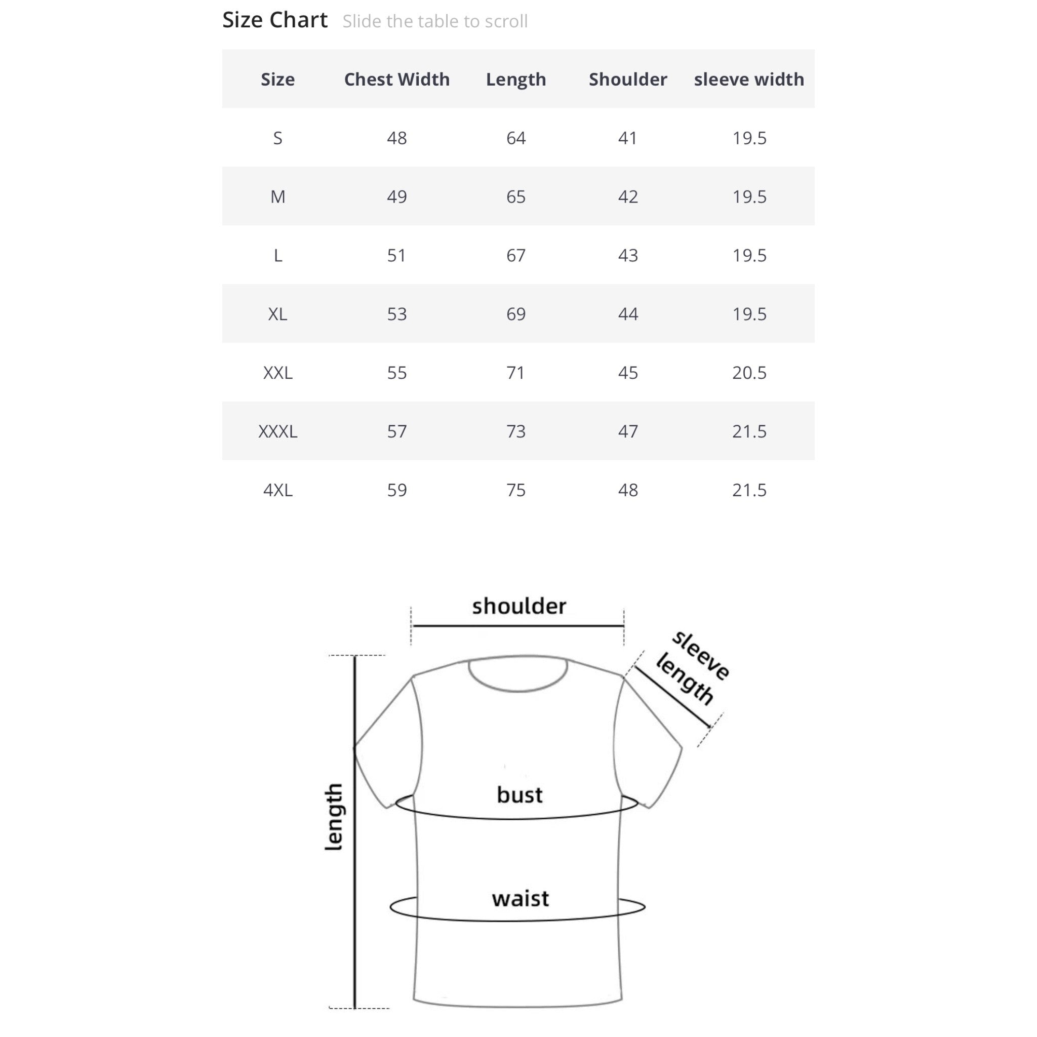 CP Camouflage Fast Dry T-shirt Sizing Chart