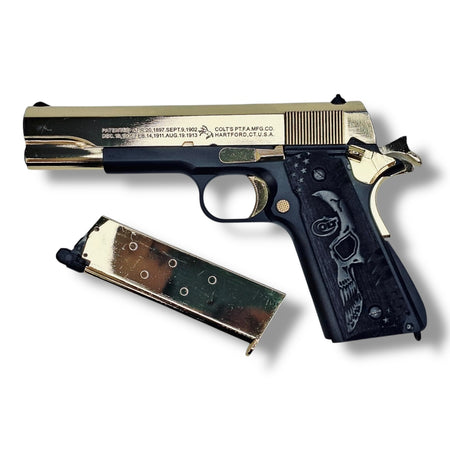 Limited Edition Golden Eagle ‘Face Off’ Movie Inspired Colt Government 1911 .45 GBB Gel Blaster Pistol Replica GE3305-FO-3 with GE Single Stack type Green Gas Magazine - Gold