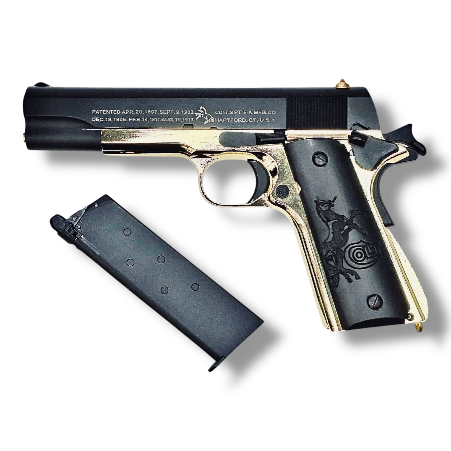 Limited Edition Golden Eagle ‘Face Off’ Movie Inspired Colt Government 1911 .45 GBB Gel Blaster Pistol GE3305-FO-2 & Single Stack Green Gas Magazine