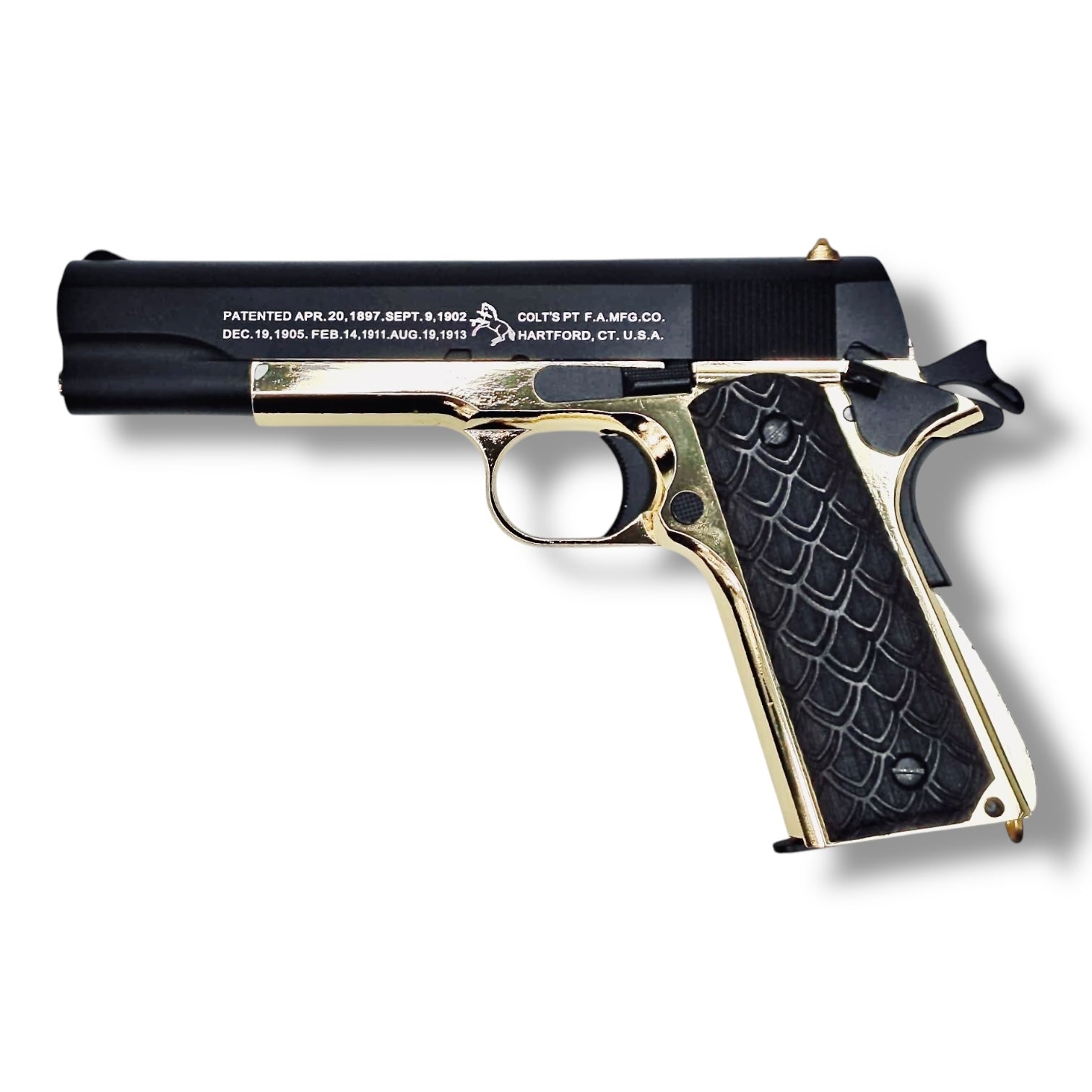 Limited Edition 'Face Off' movie inspired Colt Government 1911 .45 GBB Gel Blaster Pistol Replica Series - GE3305-FO-4 with Genuine Colt 1911 Real Wood Grips 
- Black w/Gold Accents 