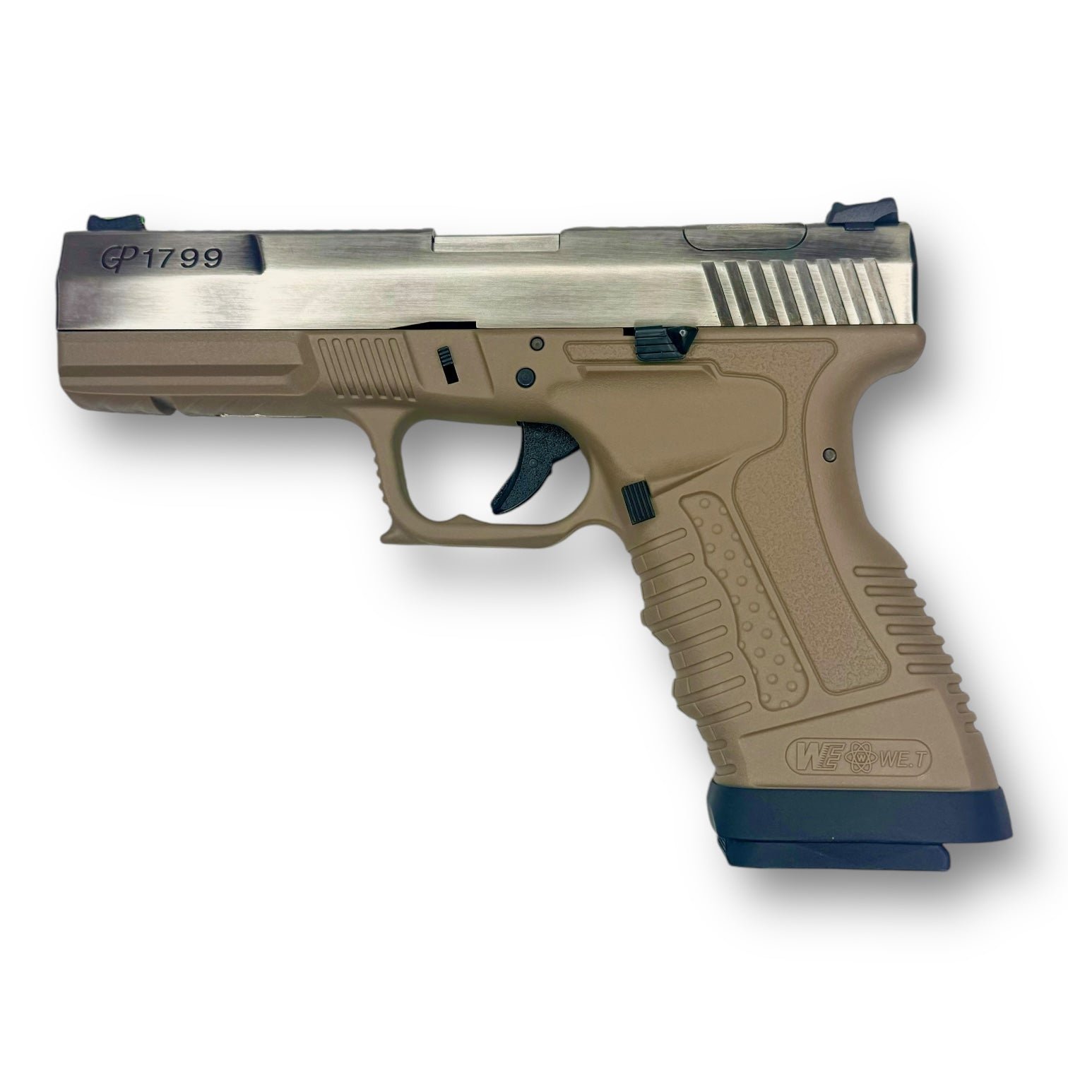 WE Tech GP1799 T1 GBB Gel Blaster Pistol - Brushed Aluminium & Tan with Optic-Fibre Sights