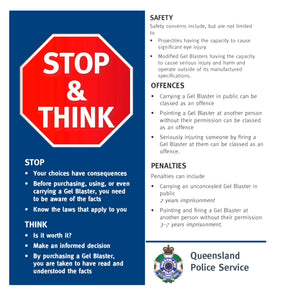 Stop & Think Gel Blaster Safety Campaign Leaflet - Queensland