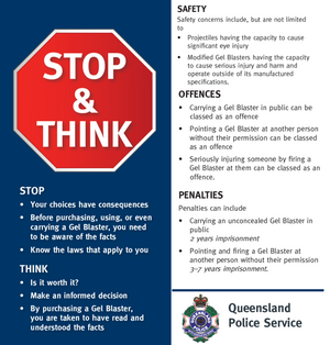 Stop & Think Gel Blaster Campaign - Must be 18+ to own a gel blaster in Queensland 