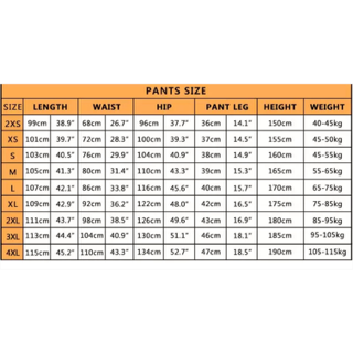 Sizing chart