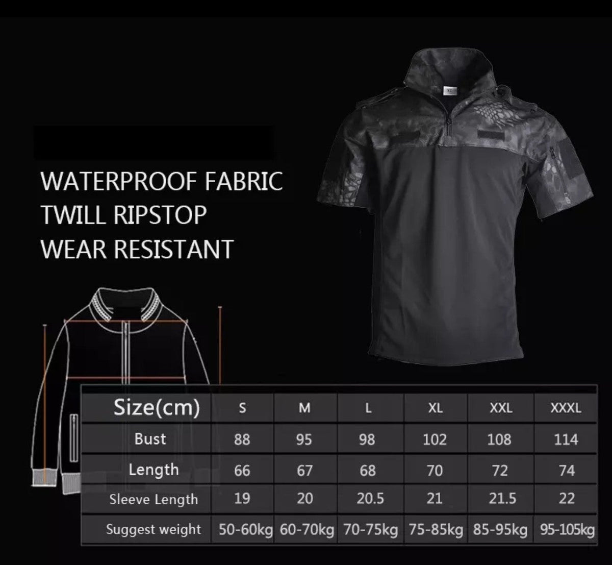 Short Sleeve Military Tactical Shirt - Sizing Chart