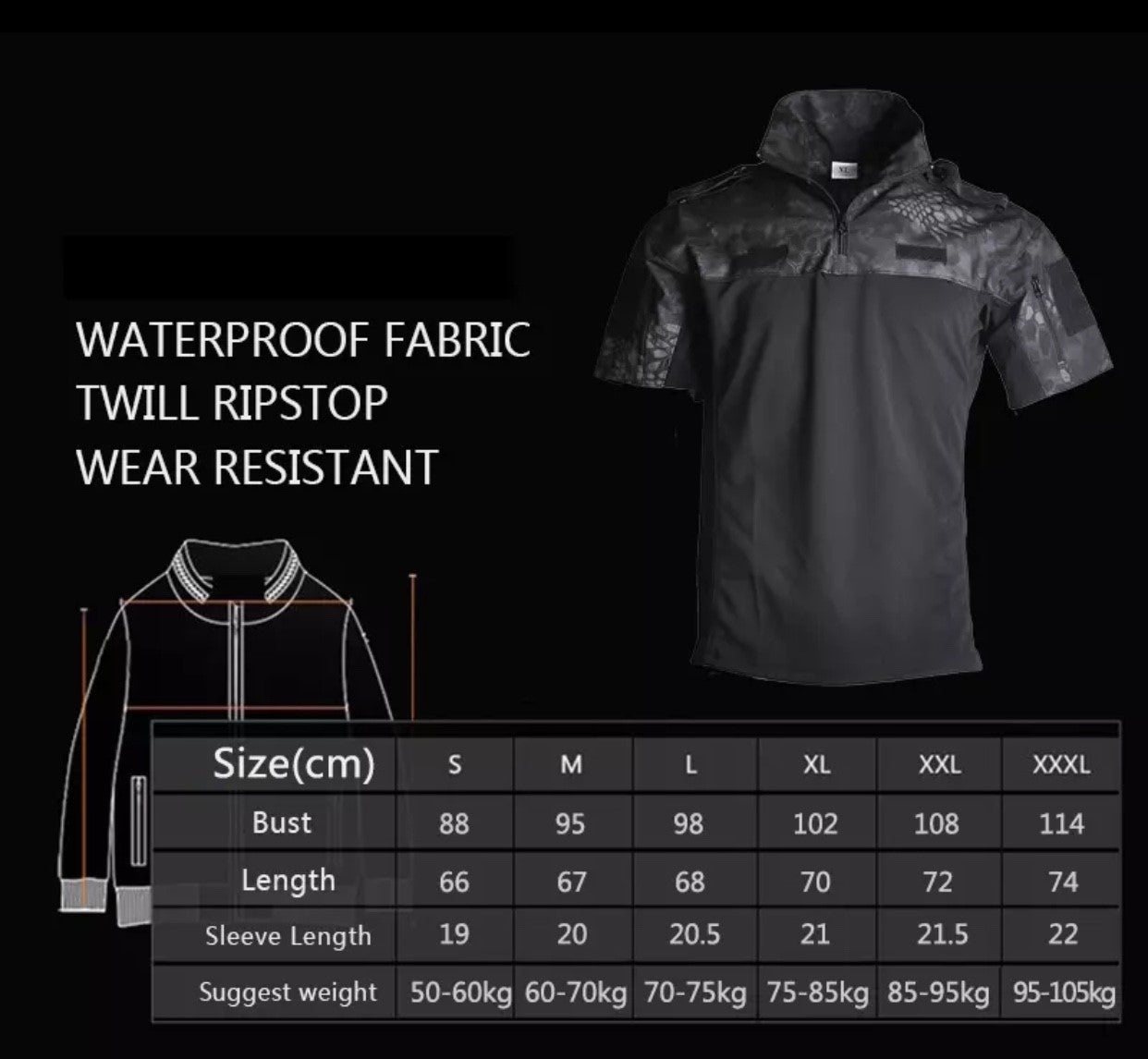 Short Sleeve Military Tactical Shirt - Sizing Chart