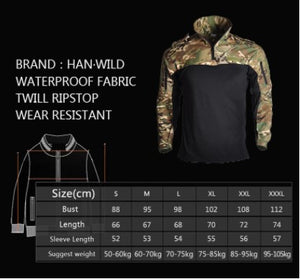 Tactical Shirt - Long Sleeve Military Style - Black - Sizing Chart