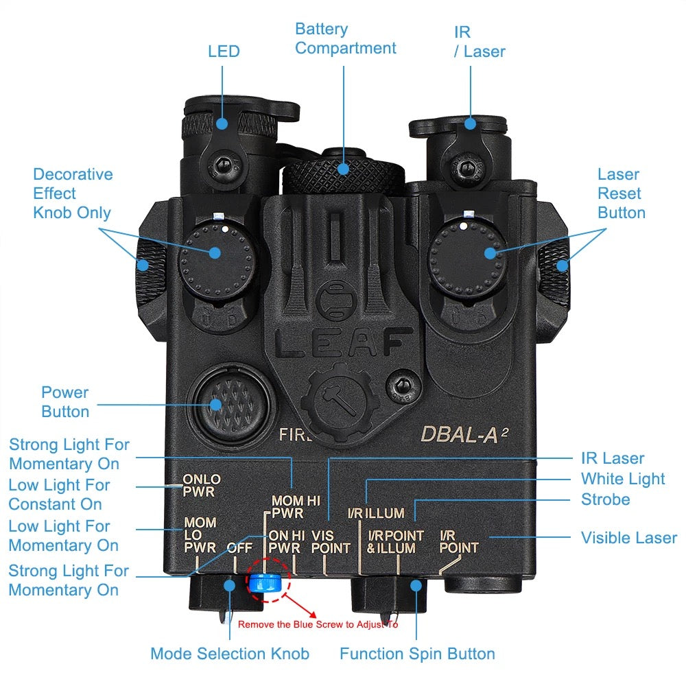 DBAL-A2 PEQ - Flashlight, Infrared & Red Laser Aiming Device & Pressure Pad Fully Functional Replica Unit - Black & Desert Earth - Operating Instructional Diagram